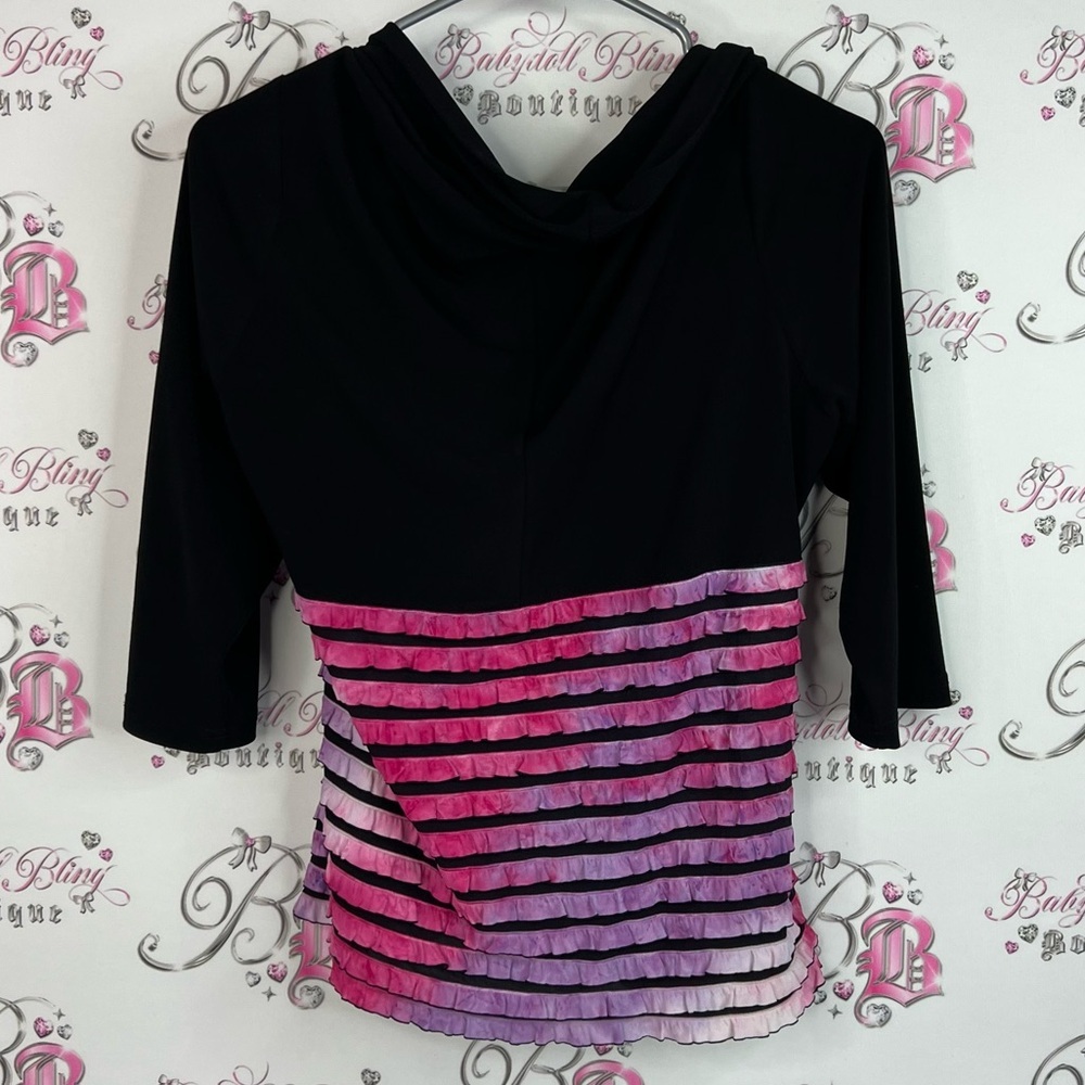 Bellissima long sleeve ruffle tiered ombrΓ© tie dye Black and Pink Striped Top - Picture 2 of 8